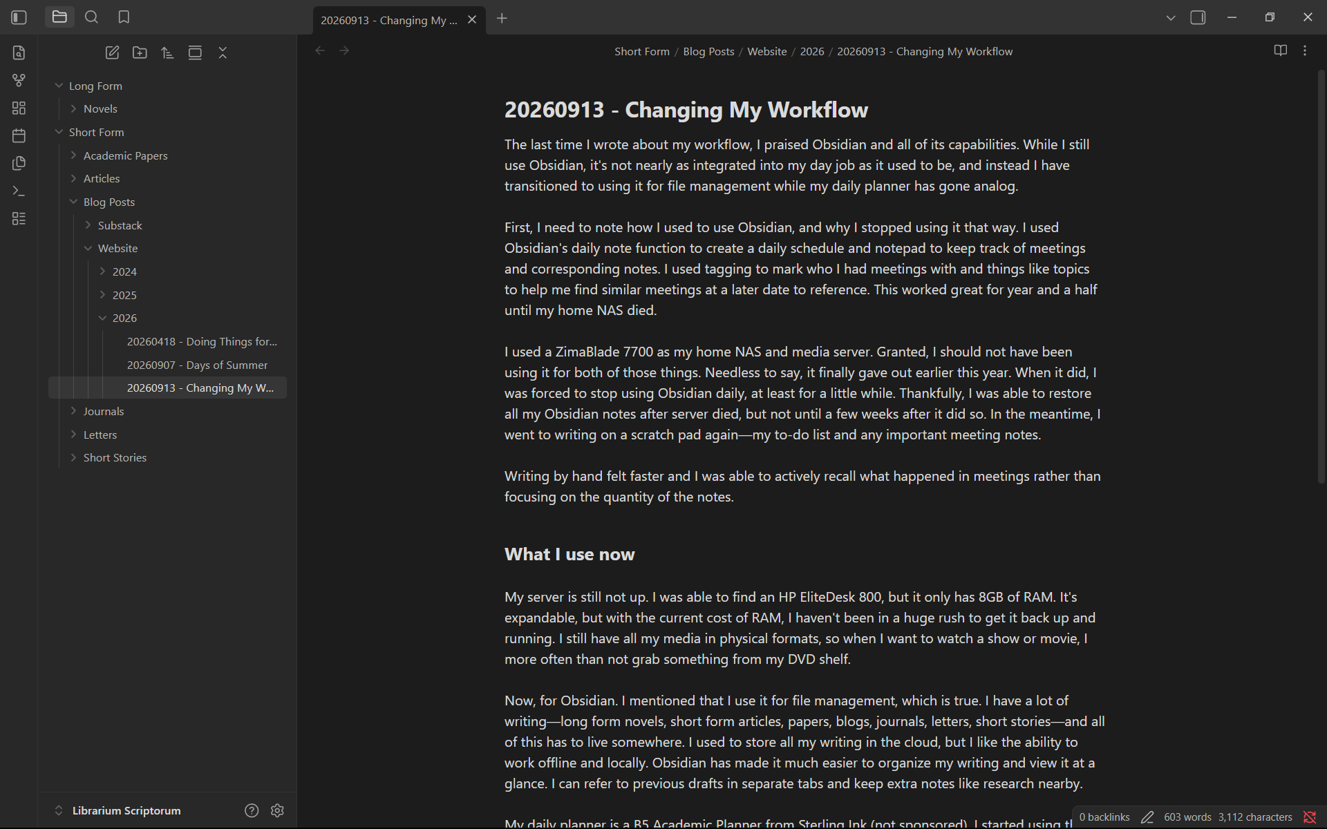 A screenshot of my Obsidian space, featuring a draft of this blog post in the main body and a left-hand column detailing how my files are structured.