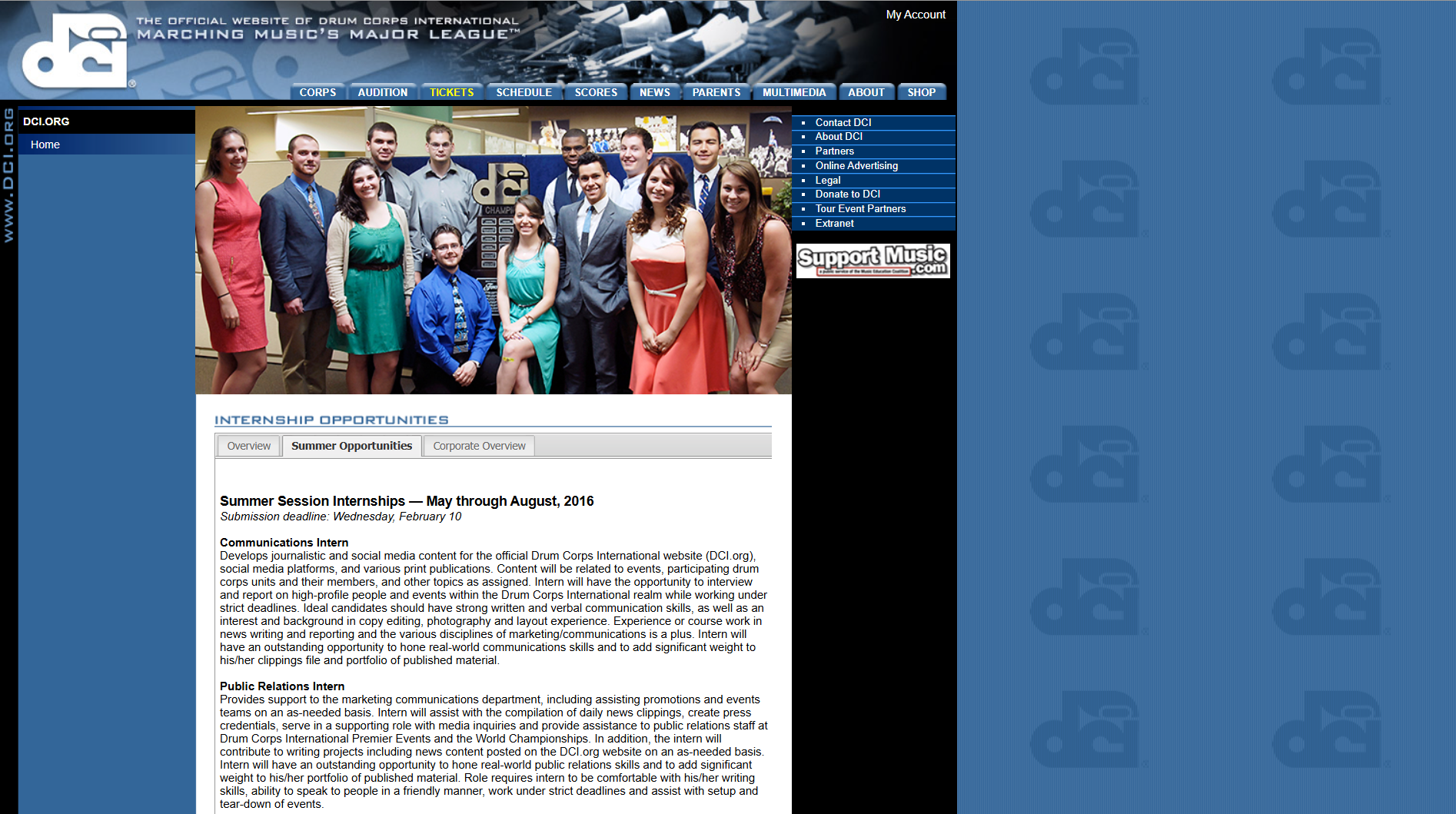 A screenshot of the DCI website from 2015, displaying the internship job descriptions.