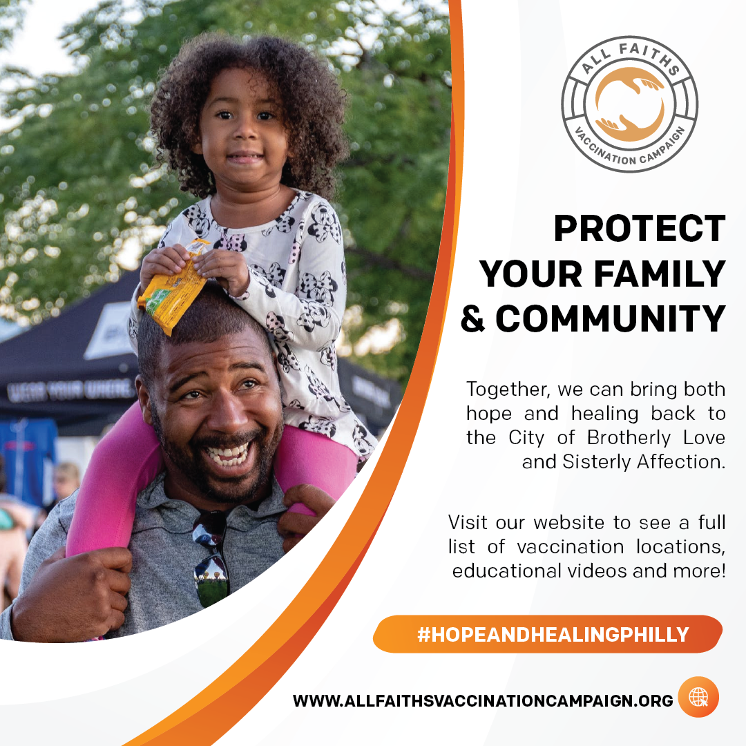 A social media graphic which reads 'Protect Your Family and Community' with an image of a man holding his daughter up on his shoulders.