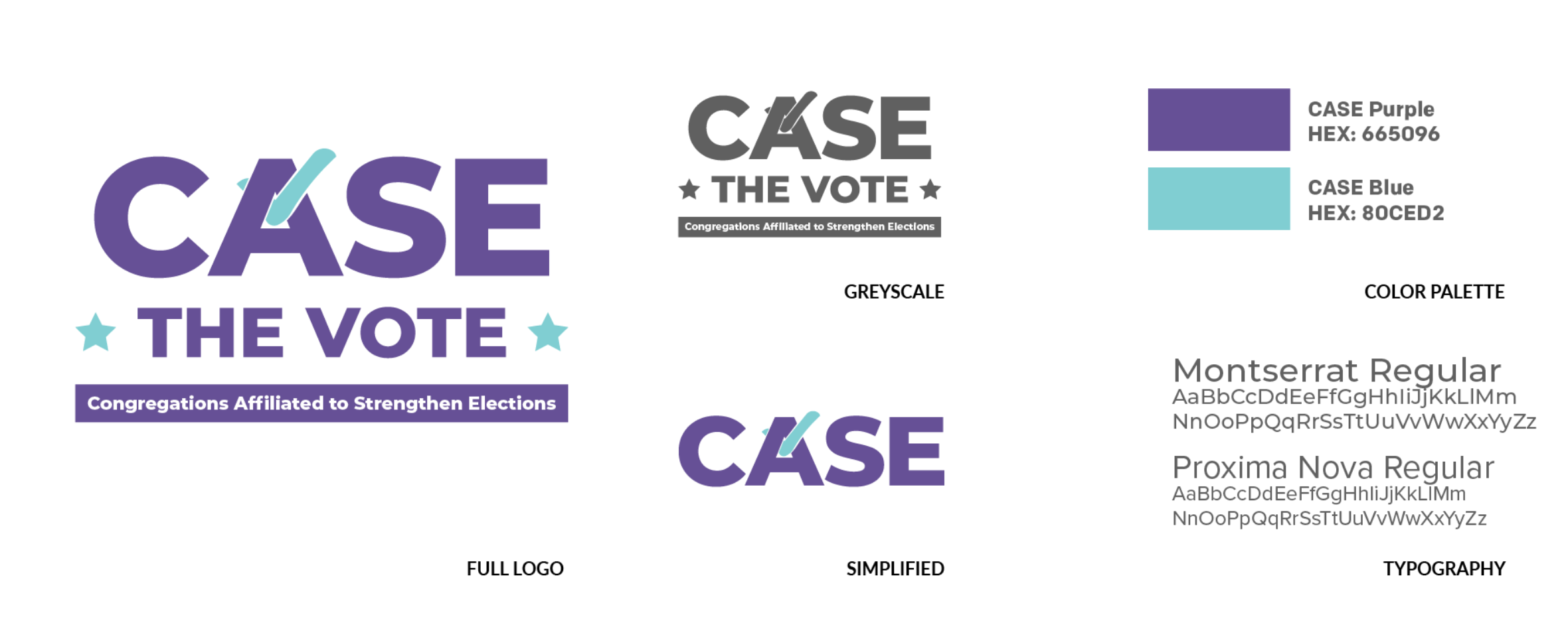 A logo style guide for Case the Vote. The A in Case is a checkbox with a checkmark inside. The logo is purple with tones of teal.
