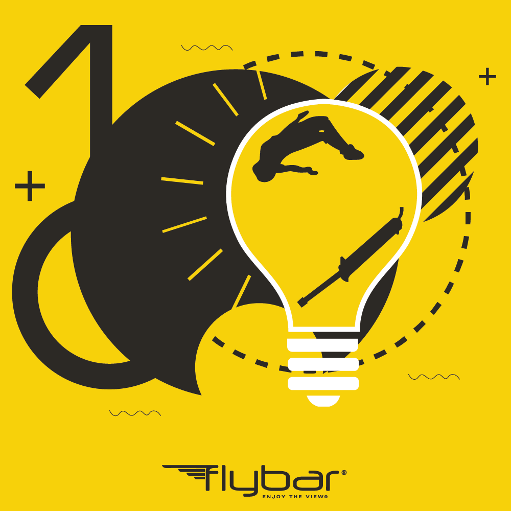 A mostly geometric design in style, abstractly hiding the number 100, with the Flybar logo displayed along with a pogo sticker in a lightbulb.
