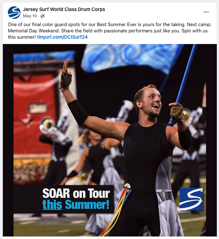 A screenshot of a social media post featuring a color guard member.