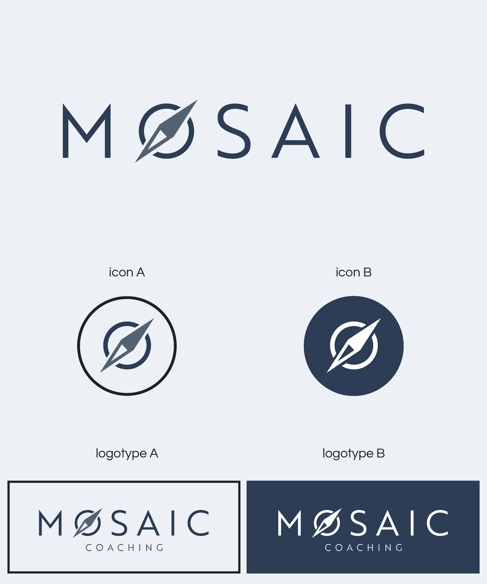 A logo presentation for Mosaic Coaching, featuring a compass replacing the O in a typographic logo design.