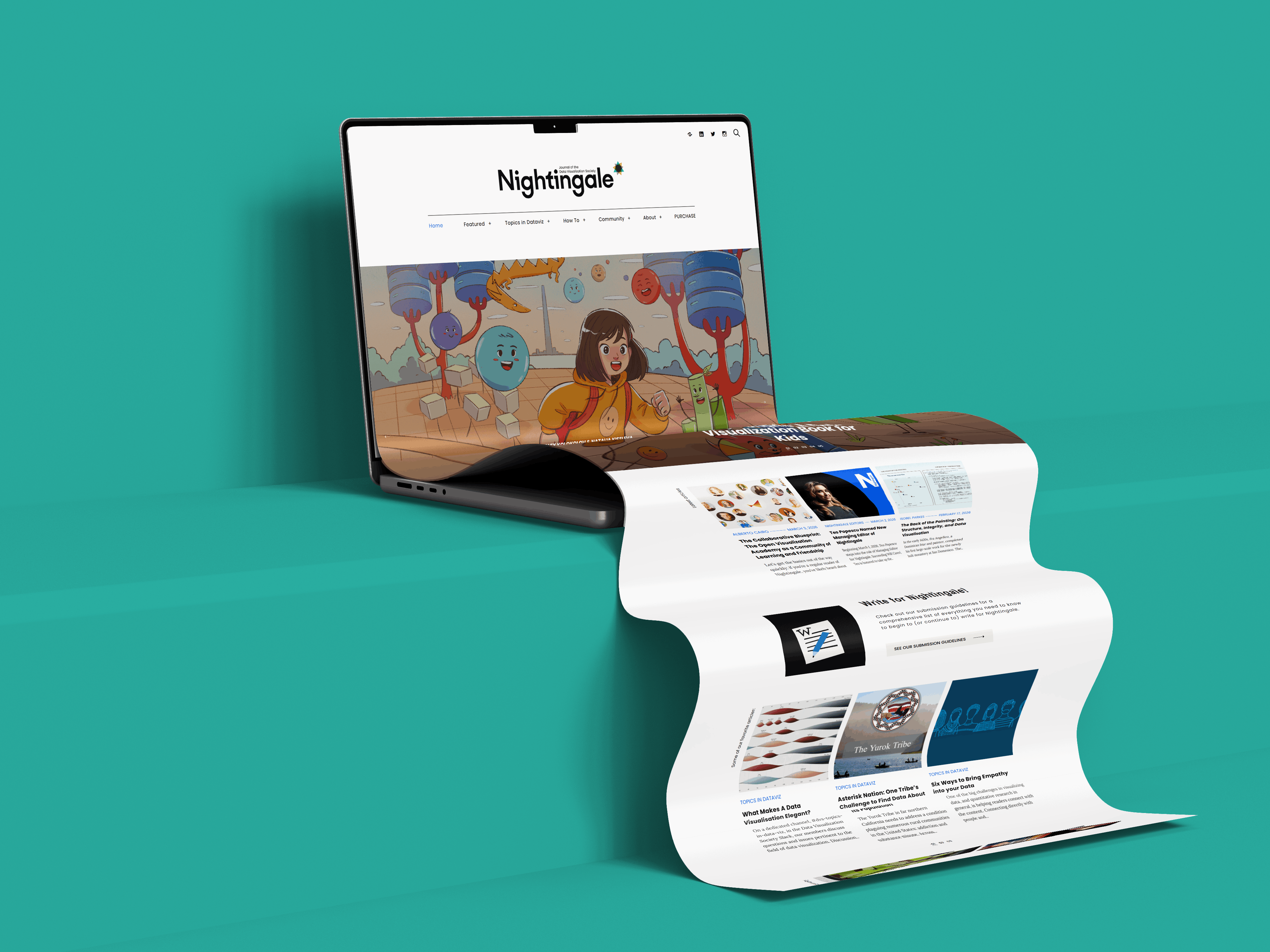 A rendering of a the Nightingale website homepage, presented on a laptop mockup where the screen is curved stretching down a series of steps.