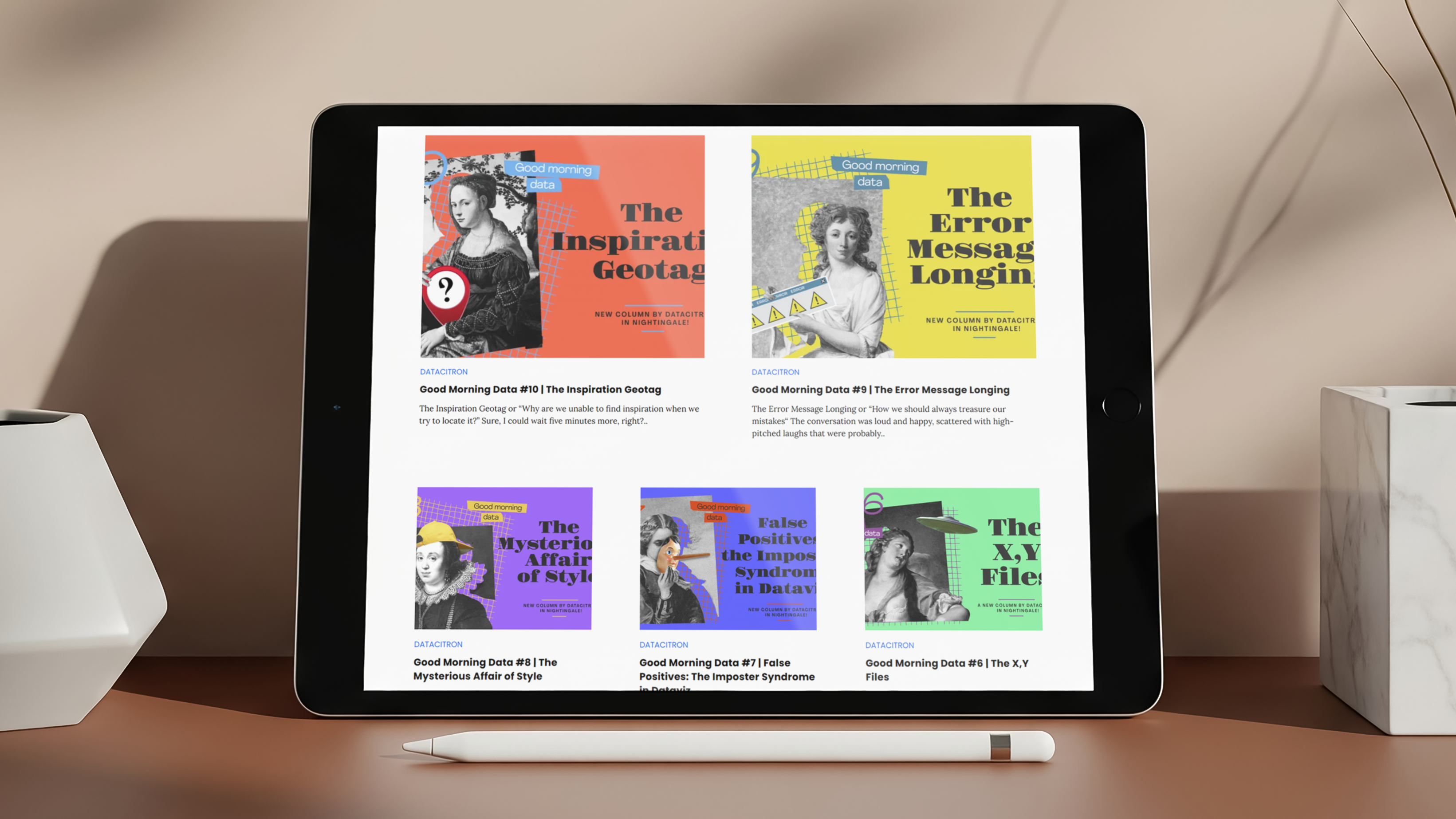 A rendering of the website page featuring the Good Morning Data articles, mockuped on a tablet