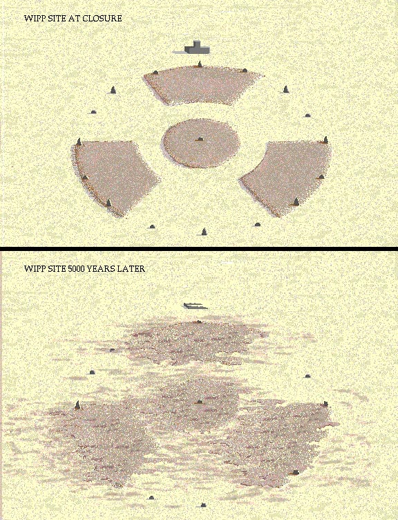 A mock up of materials simulated to see how they would look after 5,000 years, half way through the projected timeline. The top shows the biohazard symbol freshly built. The bottom shows the biohazard symbol almost entirely gone from erosion, showing the unlikeliness of this being a viable option.